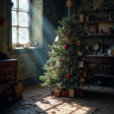 Christmas tree in abandoned room