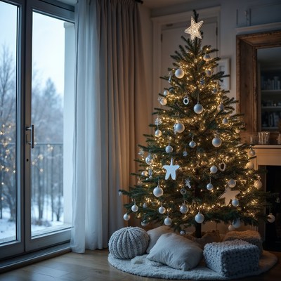 Christmas tree by snowy window