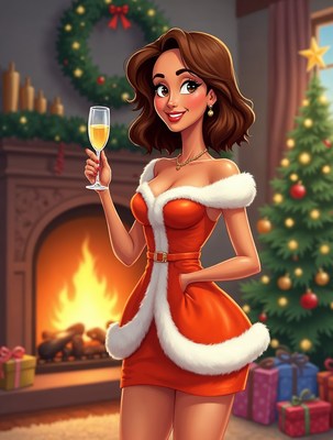 Woman in red Santa dress toasting champagne