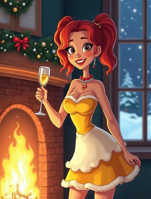 Redhead woman toasting champagne by fireplace