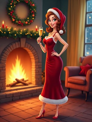 Santa Woman Toasting Champagne by Fireplace