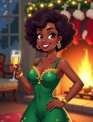 African-American woman toasting champagne by fireplace