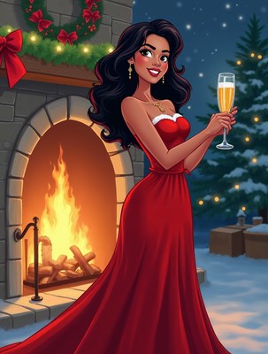 Beautiful woman in red dress toasting by fireplace