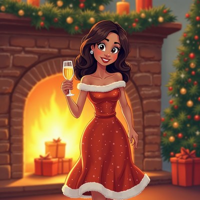 Woman toasting champagne by Christmas fireplace