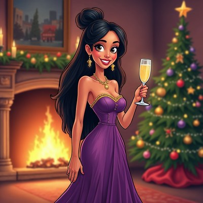 Woman in purple dress toasting champagne Christmas