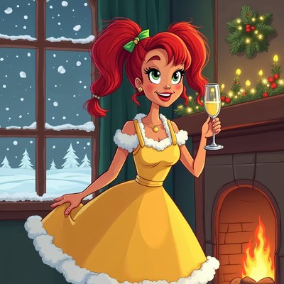 Redhead girl toasting champagne by fireplace
