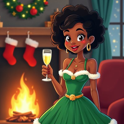 African-American woman toasting champagne Christmas