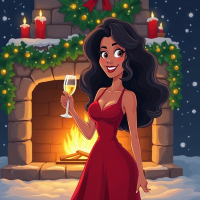 Woman toasting champagne by Christmas fireplace