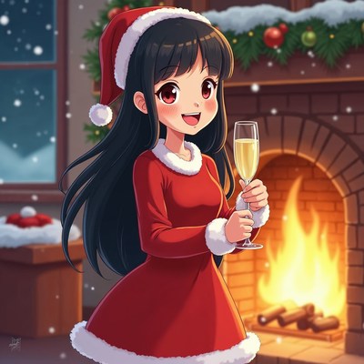 Anime girl in Santa dress toasting champagne