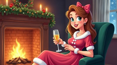 Woman in red Santa dress toasting champagne