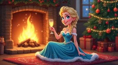 Elsa holding champagne by Christmas fireplace