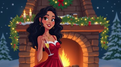 Beautiful woman in red dress by fireplace