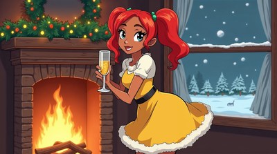 Anime girl toasting champagne by fireplace