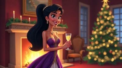 Princess holding champagne by Christmas tree