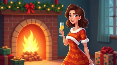 Woman toasting champagne by Christmas fireplace