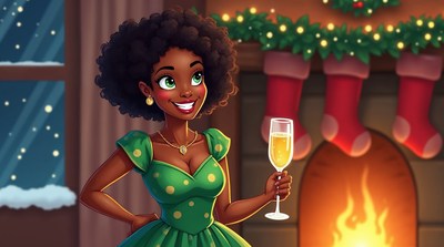 African-American woman toasting champagne by fireplace