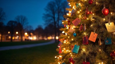 Christmas Tree with Wish Tags at Night