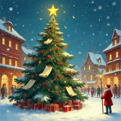 Boy with Wish Papers on Snowy Christmas Tree