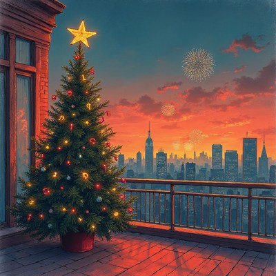 Christmas Tree on NYC Rooftop at Sunset