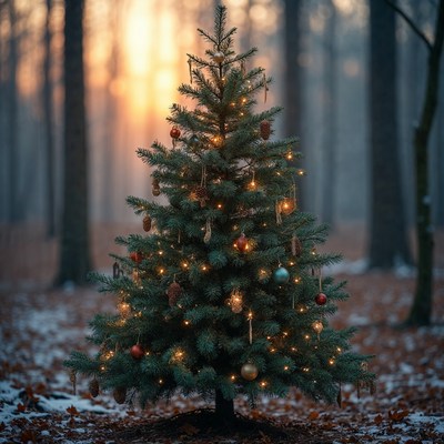Lit Christmas Tree in Snowy Forest