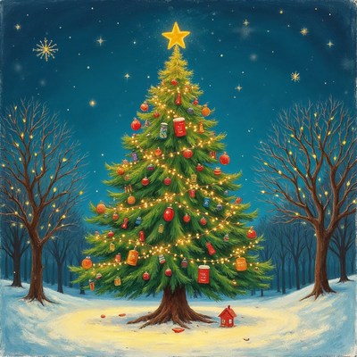 Illustrated Christmas Tree in Snowy Forest