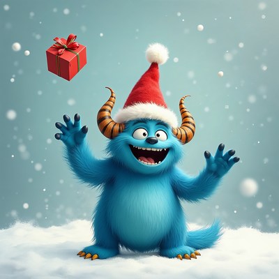 Blue furry monster holding Christmas gift