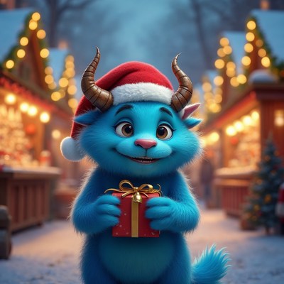 Blue furry creature with Santa hat holding gift