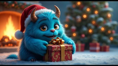 Blue furry monster holding Christmas gift