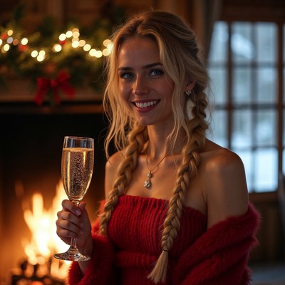 Blonde woman holding champagne by fireplace
