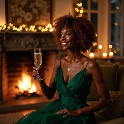 African-American woman toasting champagne by fireplace