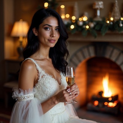 Woman in white gown toasting champagne by fireplace