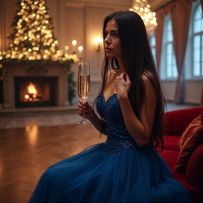 Woman in blue gown toasting champagne by Christmas tree