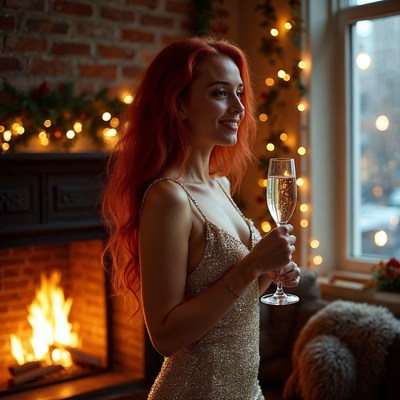 Redhead woman holding champagne glass