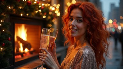 Redhead woman toasting champagne by fireplace