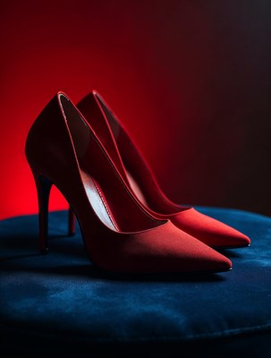 Red High Heel Shoes on Blue Stool
