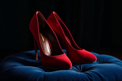 Red High Heel Shoes on Blue Stool