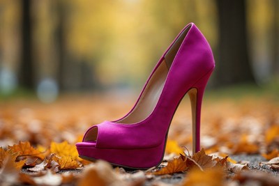 Pink high heel on autumn leaves