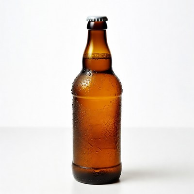 Condensation-covered brown beer bottle