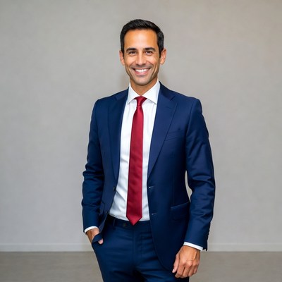 Man in navy suit with red tie
