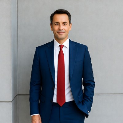 Man in navy suit with red tie