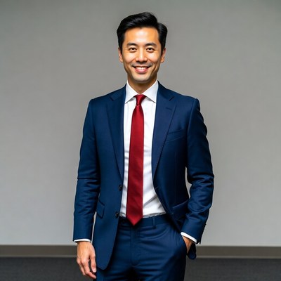 Asian man in navy suit smiling