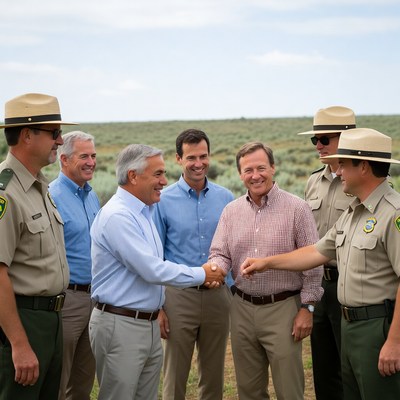 Men shaking hands with park rangers