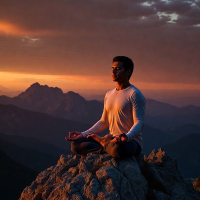 Man meditating on mountain at sunset