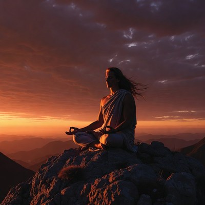 Man meditating in lotus pose on mountain