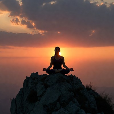 Woman meditating in lotus pose on mountain sunset
