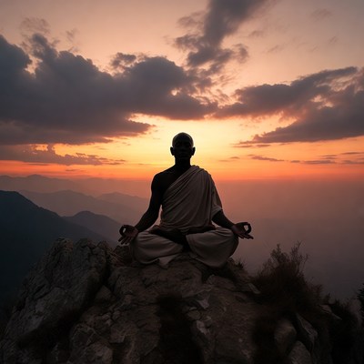 Buddhist monk meditating on mountain at sunset