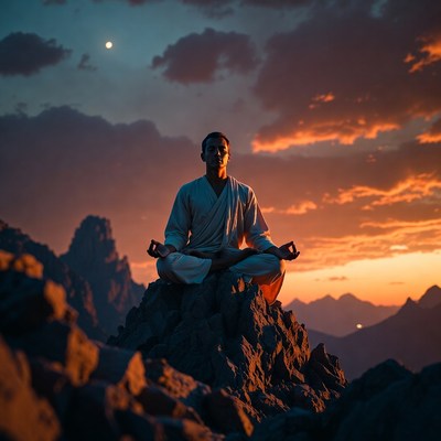 Man meditating on mountain peak