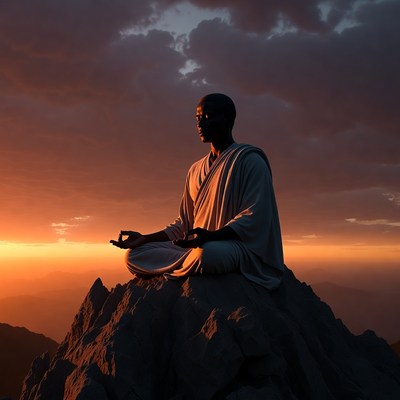 African man meditating on mountain peak