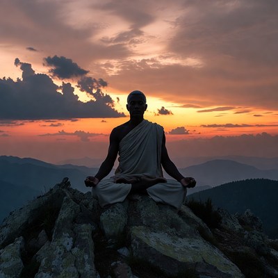 African man meditating on mountain sunset