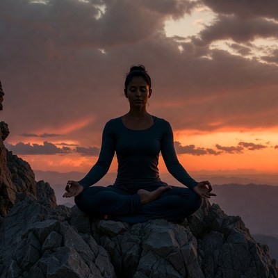 Woman meditating on mountain at sunset